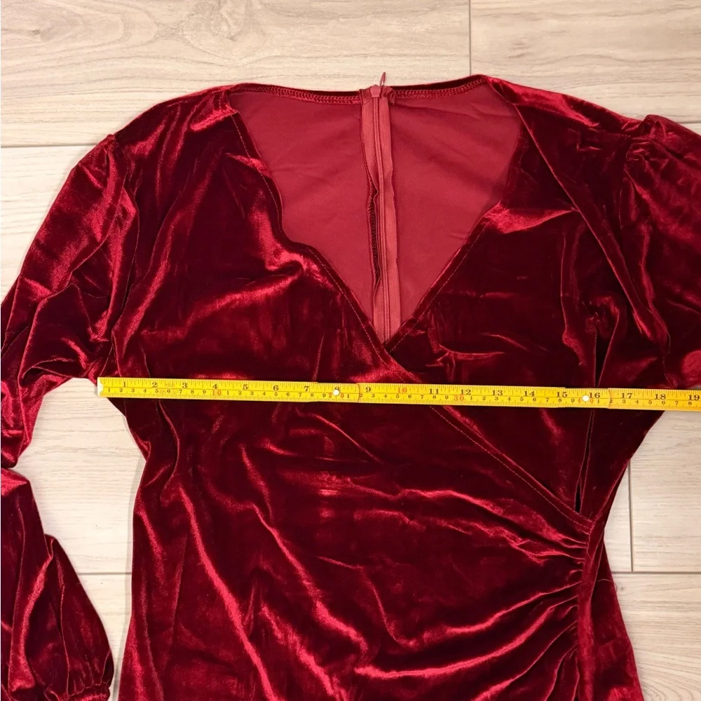 Red Velvet Wrap Mini Dress Ruched Long Sleeve Holiday Party - Picture 3 of 6